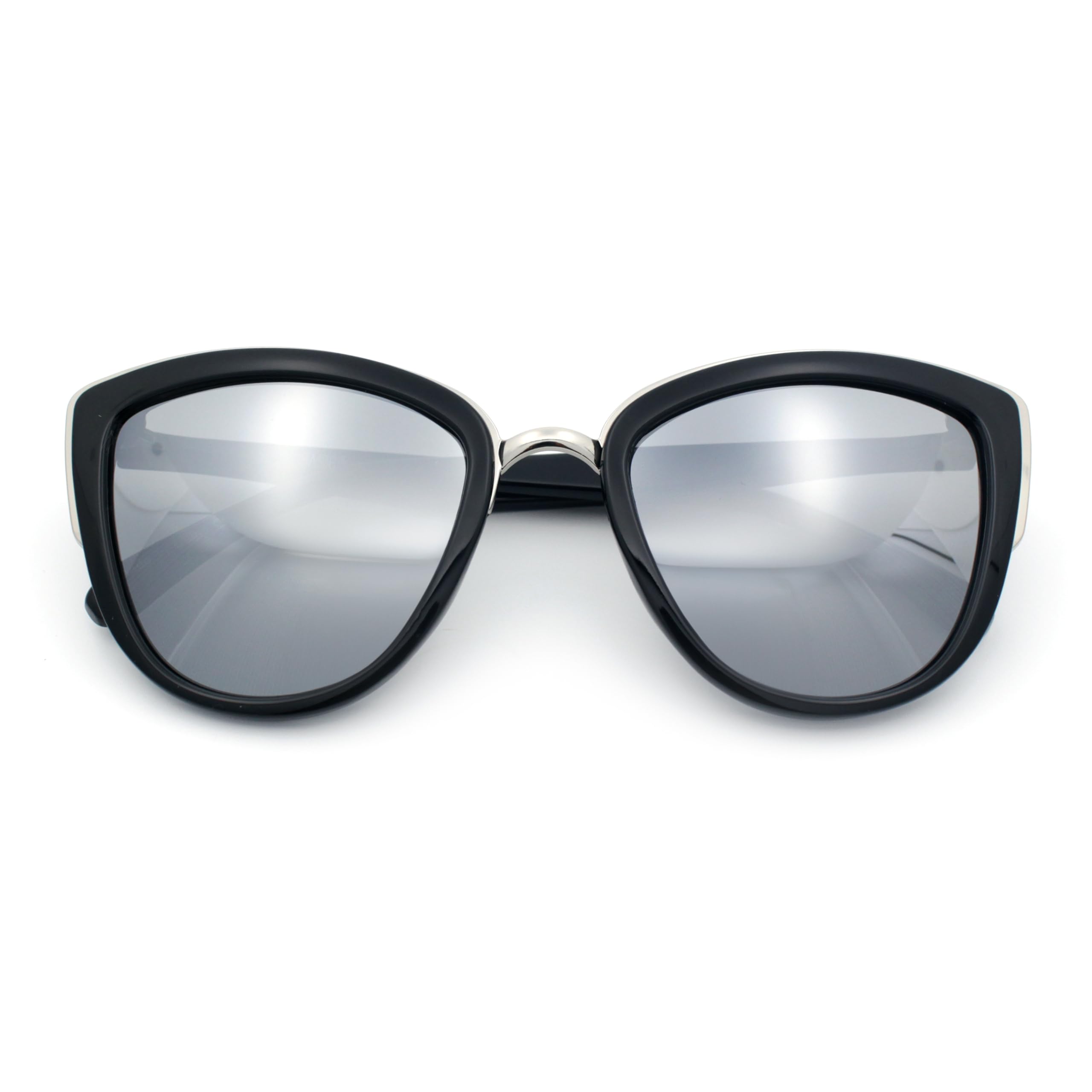 SA106 Womens Color Mirror Mirrored Lens Oversize Cat Eye Sunglasses Matte Black Silver Mirror