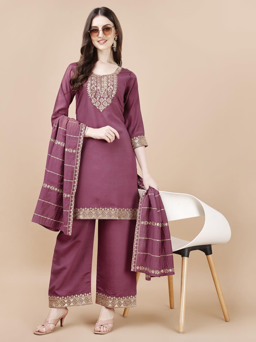 Pratham Blue Women'S Chanderi Silk Embroidered Straight Kurta With Palazzos And Dupatta