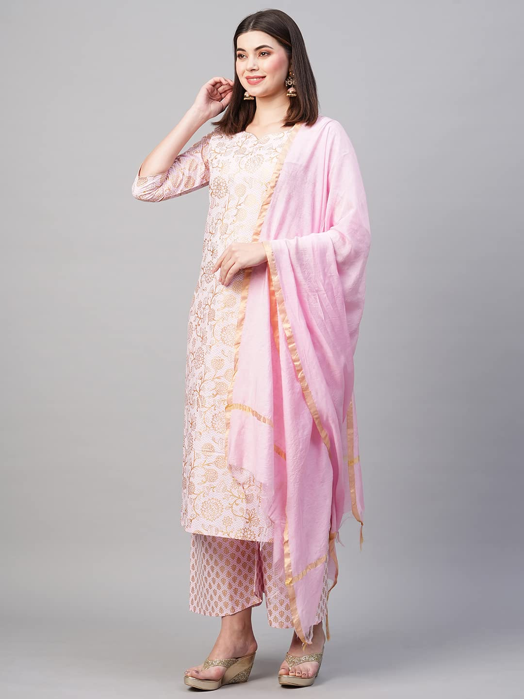 Anni Designer Women'S Cotton Blend Printed Straight Kurta With Palazzos & Dupatta (Ghost-Off-Pink_Xl_Pink_X-Large)