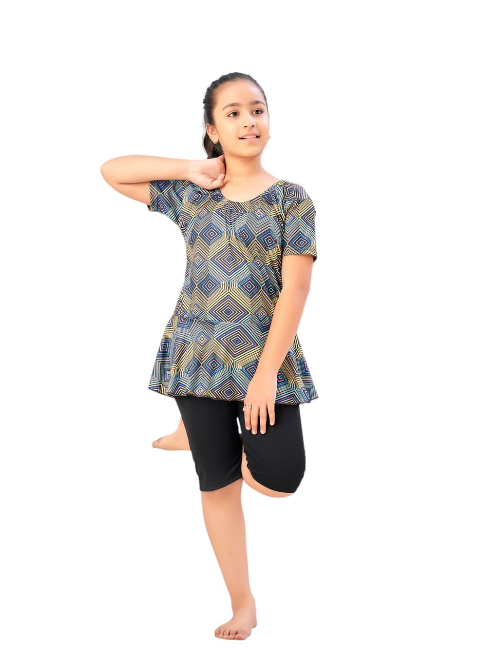 Aarika Girls Sports Wear Green-Black Colour Abstract Print Nylon Swim Suit (5-15 Years)-(SW-SHM-CA-1116)