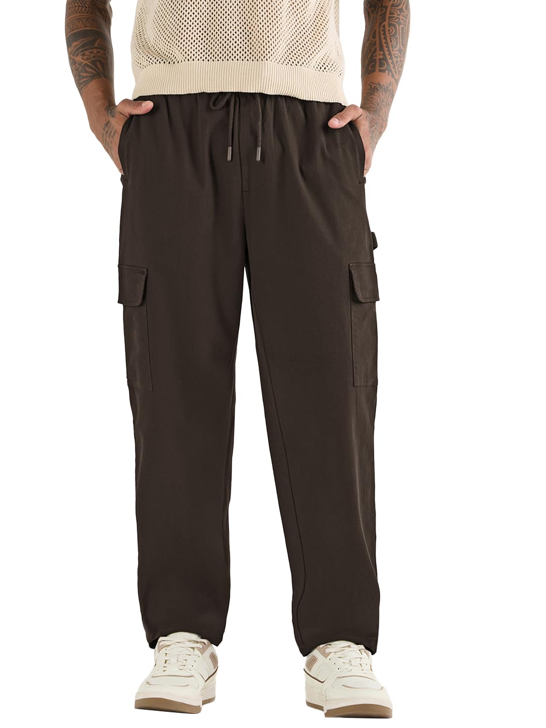 Bewakoof Mens Solid Regular Fit Cotton Blend Cargo Carpenter Pant_617419_Brown_32, Mid Rise