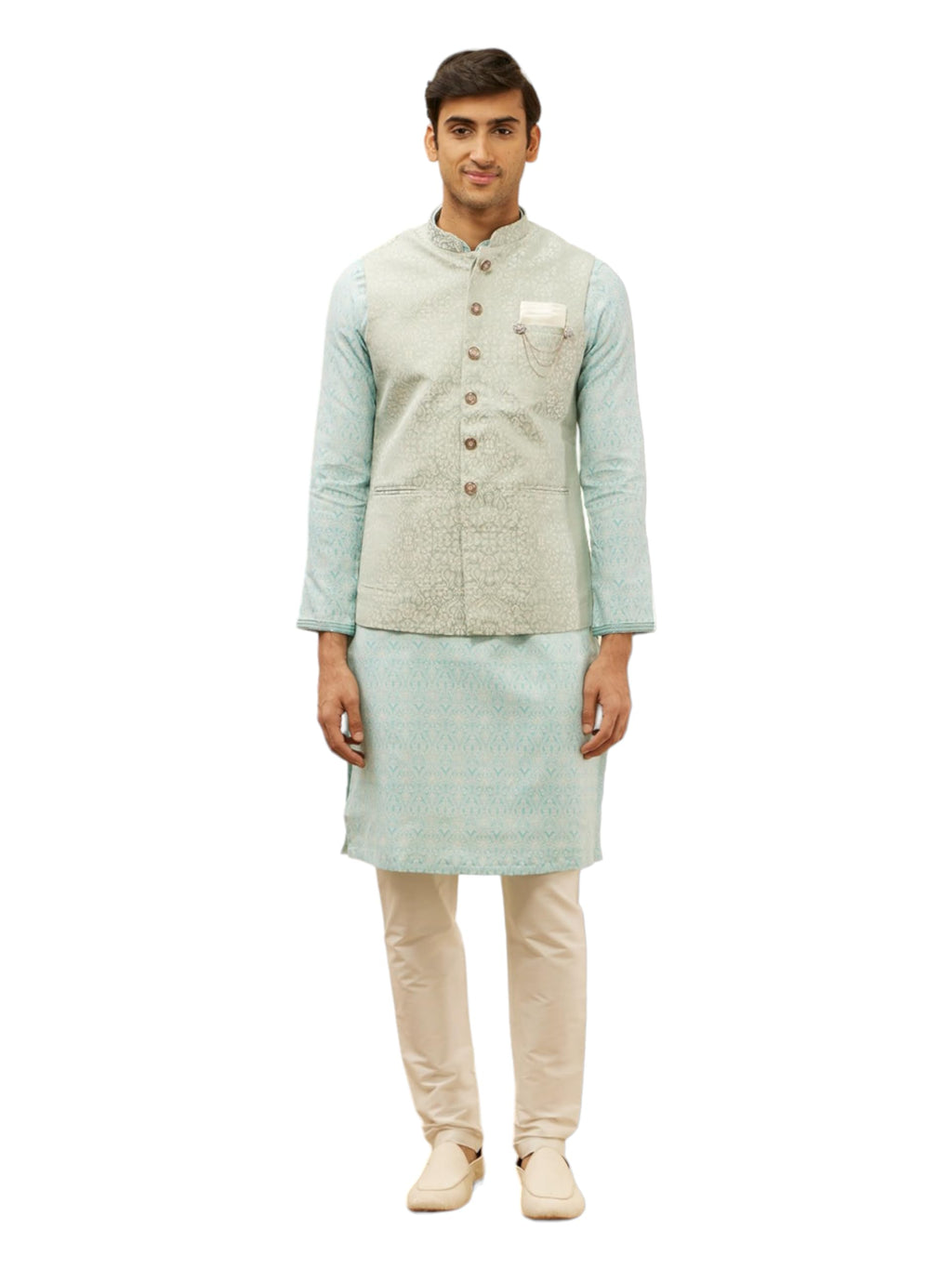Manyavar Mens Blue Brocade JACQUARD Jacket