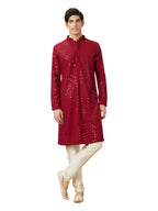 Manyavar Mens Maroon Viscose Embroidered Kurtas