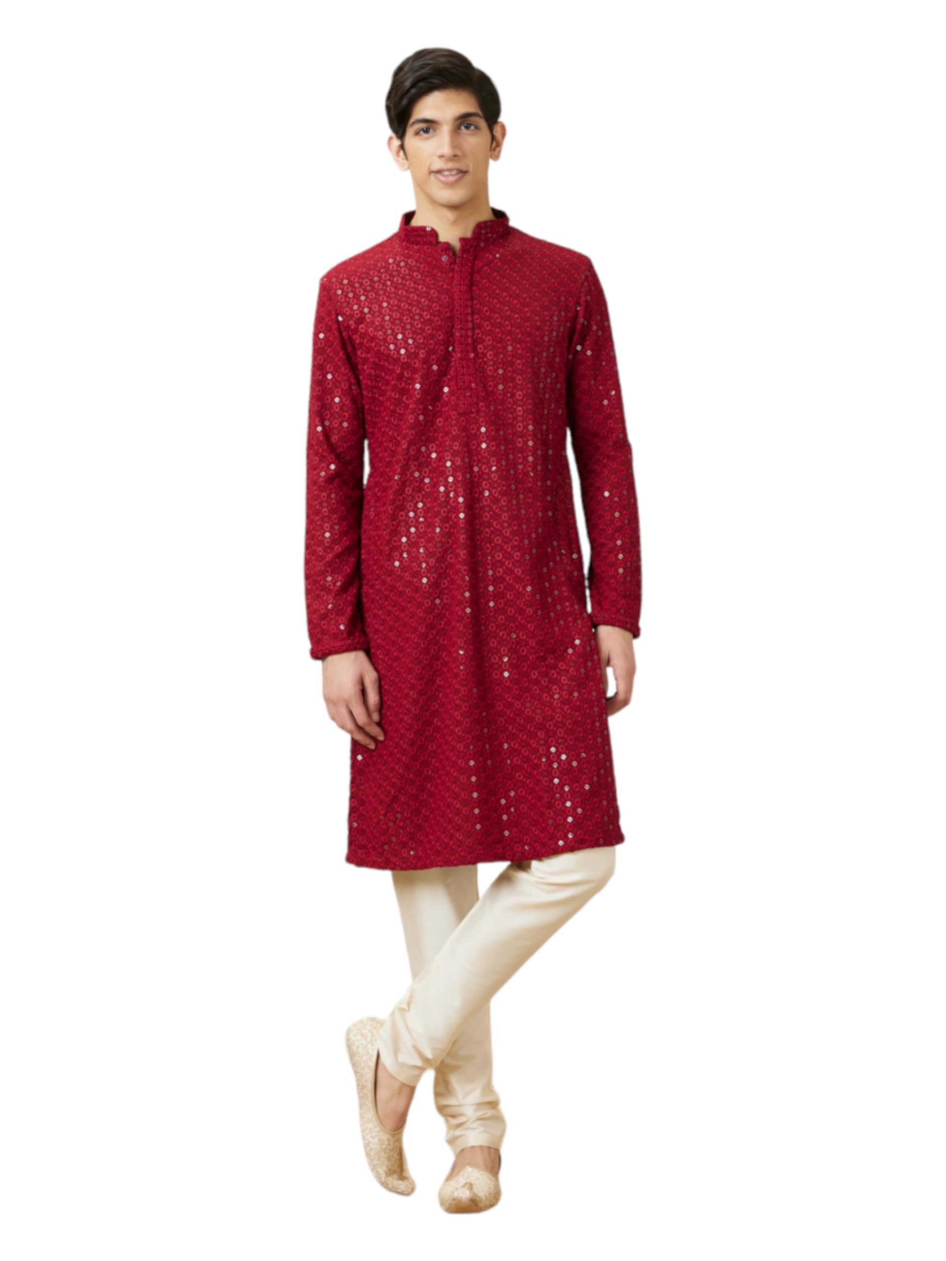 Manyavar Mens Maroon Viscose Embroidered Kurtas