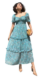 Sheetal Associates Womens Floral Puff Sleeve High Waist A Line Flowy Long Dress (Medium, Light Blue)