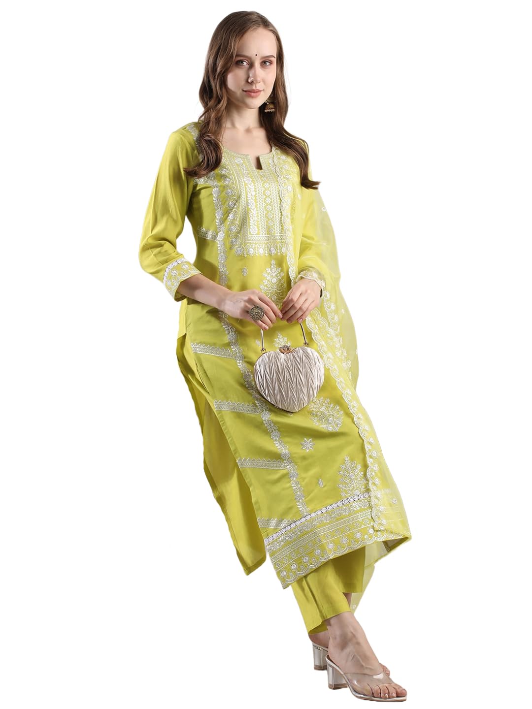 ANNI DESIGNER Women s Rayon Blend Kurta with Pants and Dupatta, Lemon Yellow, 3XL