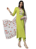 ANNI DESIGNER Women's Cotton Blend Solid Straight Kurta with Pant & Dupatta (Sofa-Parrot_S_Green_Small)