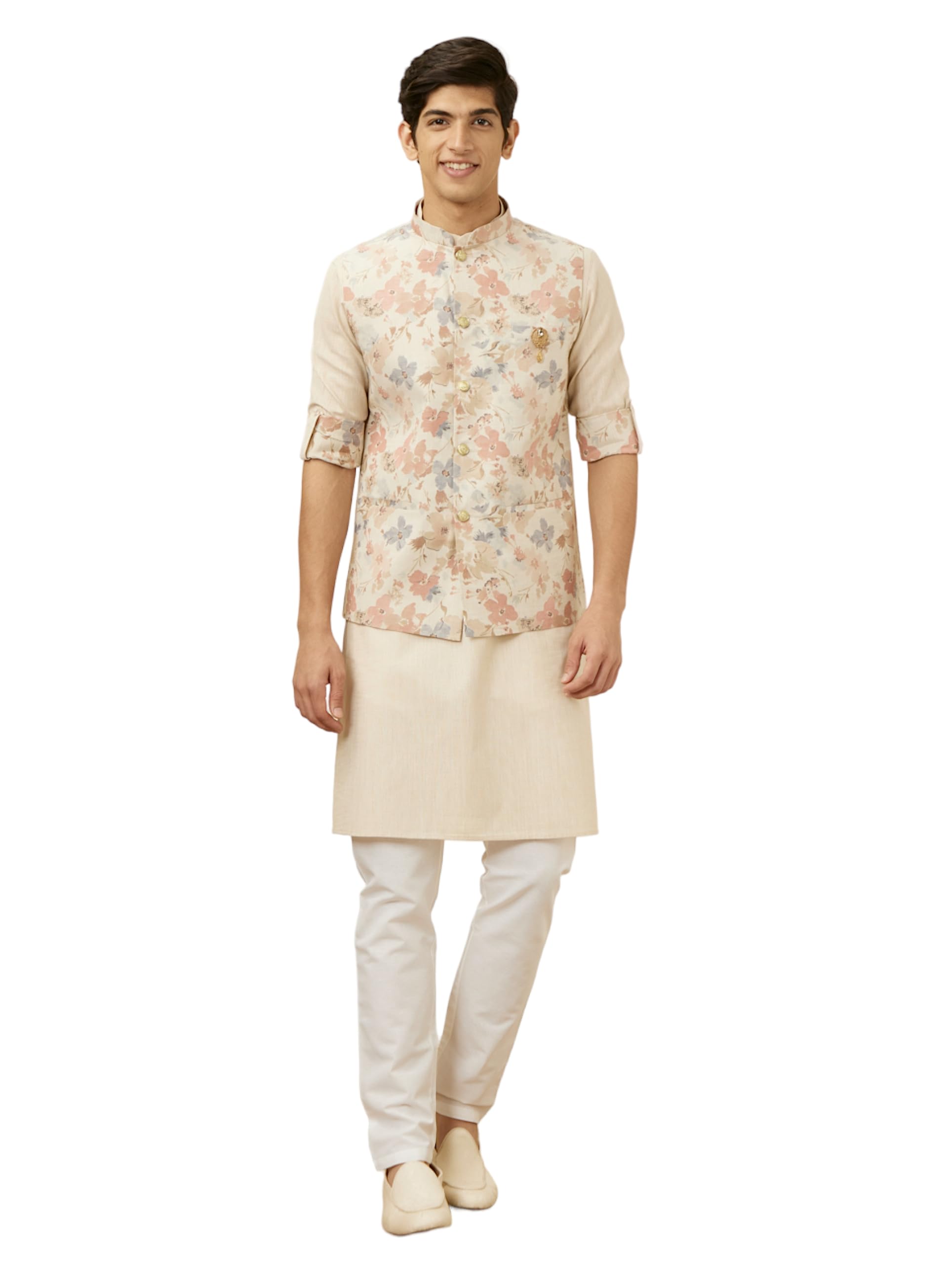 Manyavar MenS Blended Linen Printed Full Sleeves Casual,Traditional Jacket Pant Set (Beige, Xl)