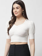 POPWINGS Casual Puff-Sleeves Ribbed Crop Top for Women || Sweet Heart Neck Summer Crop Top for Women || Crop Tops for Women Late
