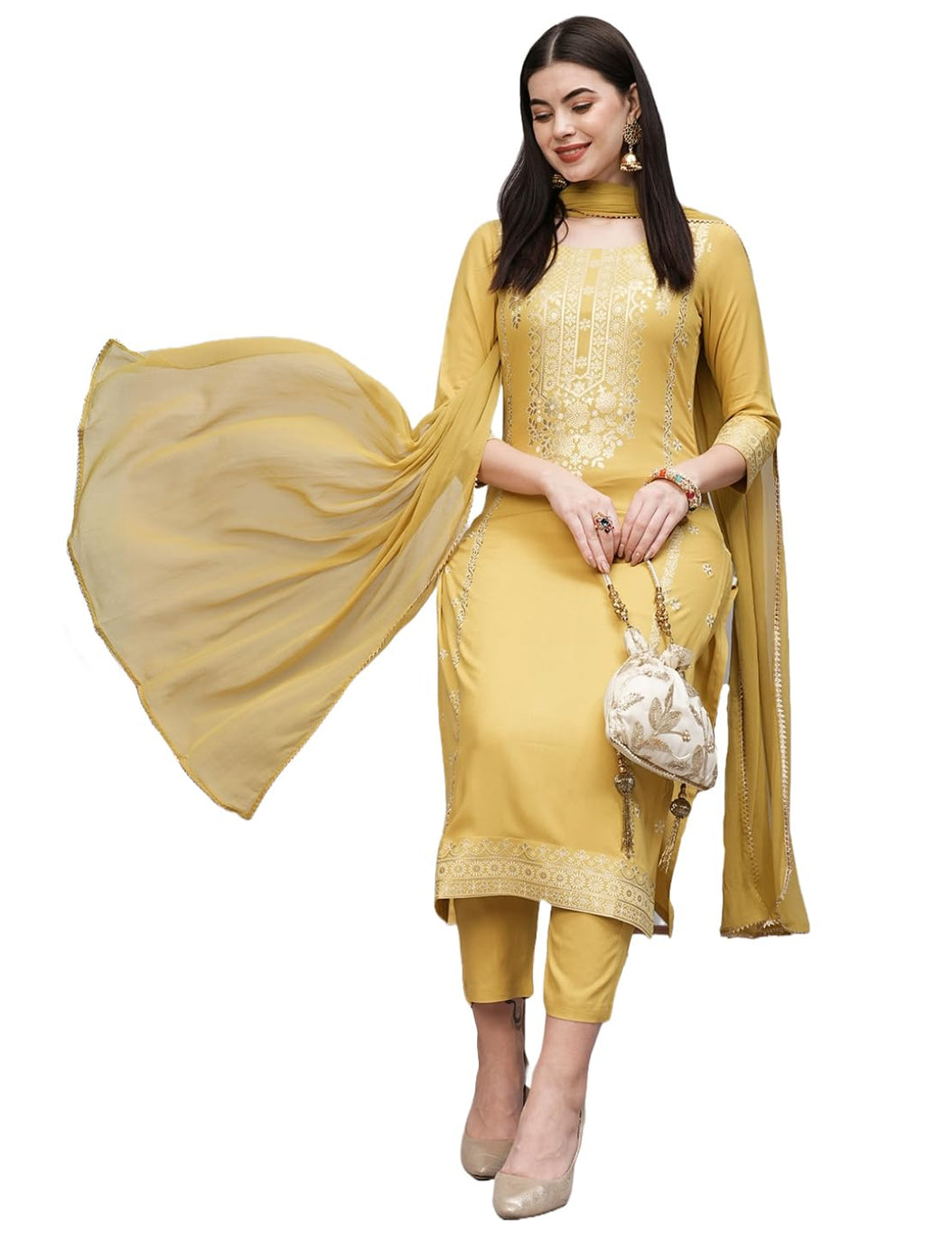 ANNI DESIGNER Womens Cotton Blend Straight Printed Kurta with Pant & Dupatta (Anahi Mustard_L_Mustard_Large)