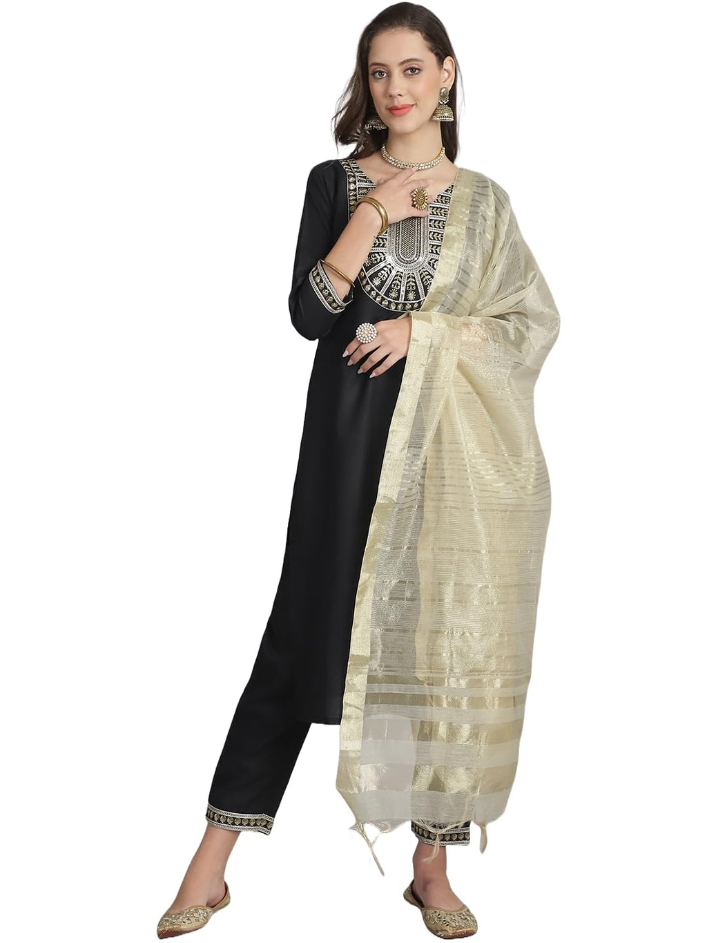 KLOSIA Women's Traditional Black Kurta Set, Indian Ethnic Wear | Embroidery | Suit Set | Wedding Suit | (X-Large)