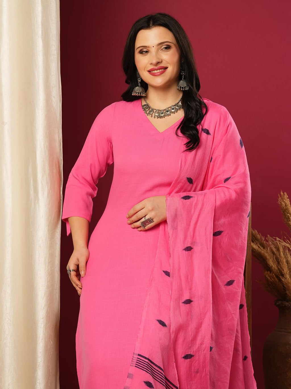 ANNI DESIGNER Ladies Viscose Rayon Kurta with Trousers and Dupatta, pink, L