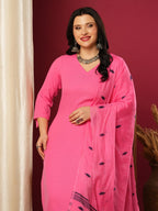 ANNI DESIGNER Ladies Viscose Rayon Kurta with Trousers and Dupatta, pink, L