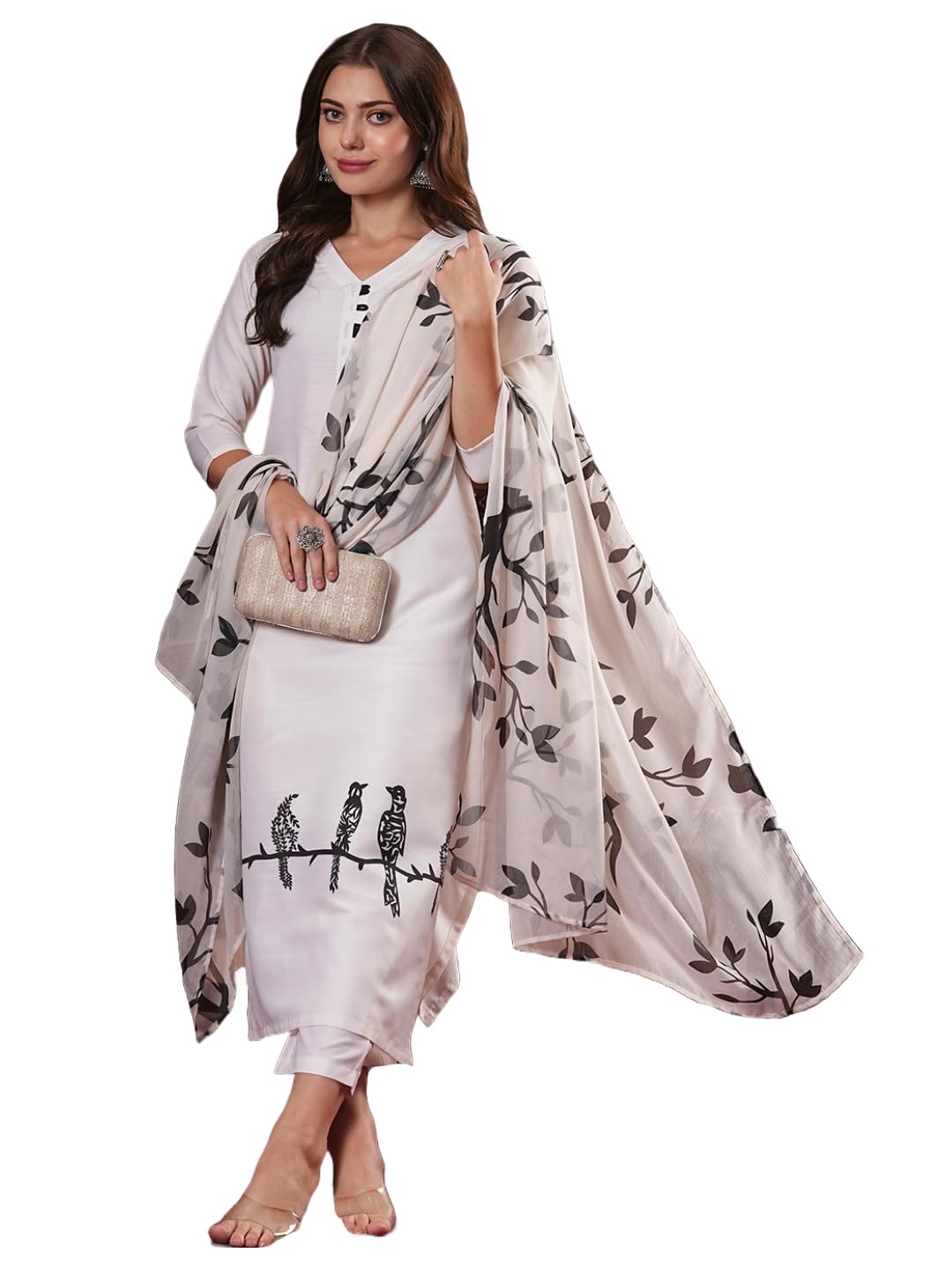 ANNI DESIGNER Womens Cotton Blend Straight Printed Kurta with Pant & Dupatta (JAYACHITRA White_XXL_White_XX-Large)