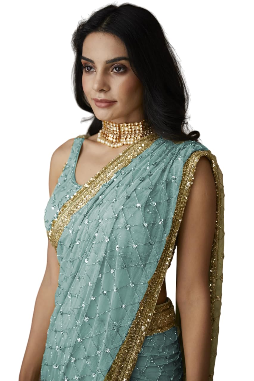 VAIRAGEE Women Soft Net Silk Jari Square Shape Embroidery & Sequence Work Saree With Unstiched Blouse(6097)