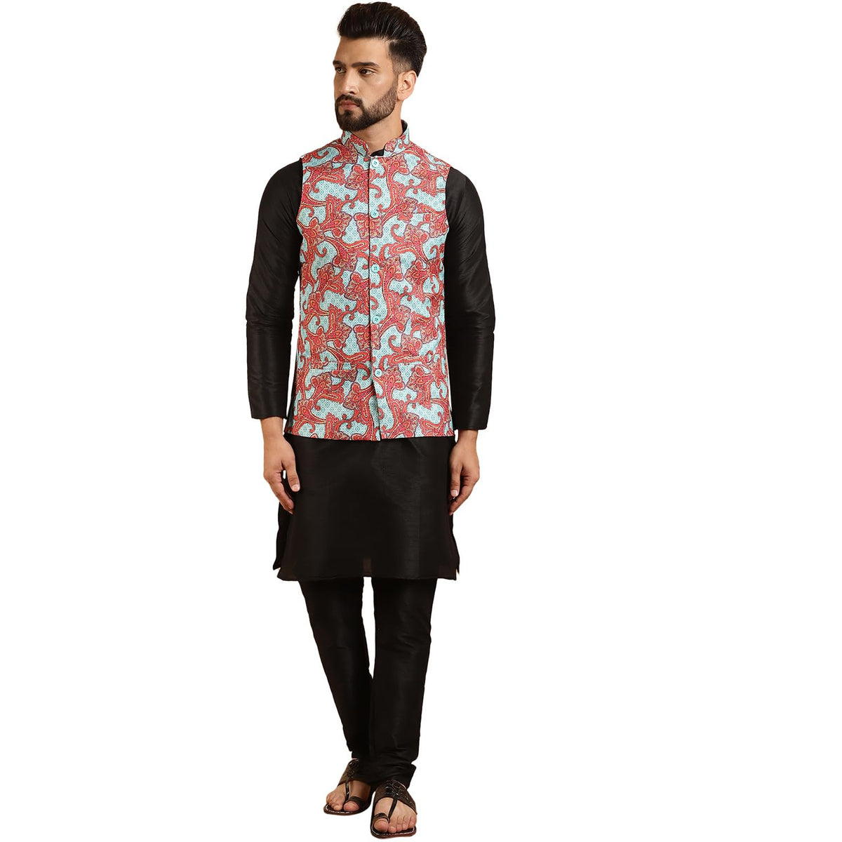 SOJANYA (Since 1958 Mens Silk Blend Black Kurta Pyjama & Sae Green Print Nehrujacket Combo
