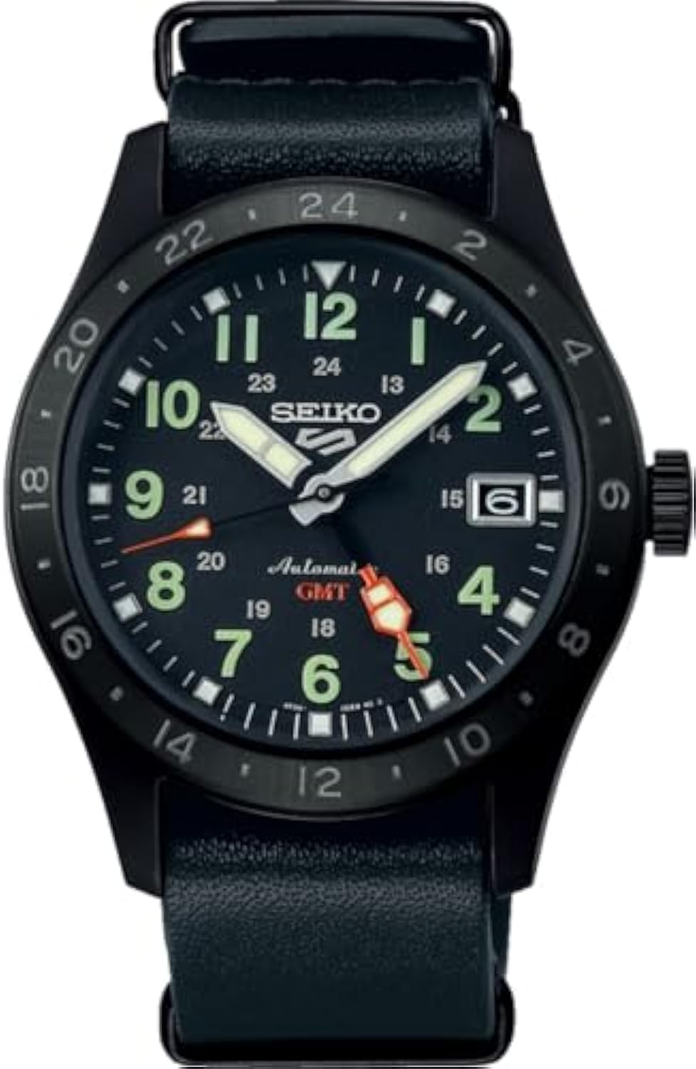 Seiko 5 Sports GMT Field Series Leather Strap Black Dial Automatic SSK025K1 100M Mens Watch
