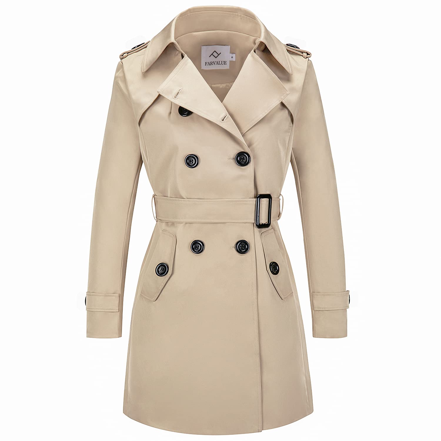 FARVALUE Women 's Double Breasted Trench Coat Water Resistant Classic Belted Lapel Overcoat X-Large,Khaki