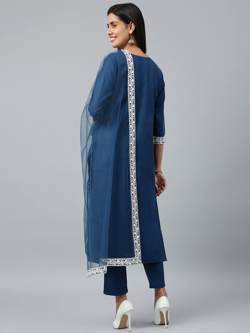 ANNI DESIGNER Womens Cotton Blend Straight Embroidered Kurta with Pant & Dupatta (Tistha Dark Blue_M_Dark Blue_Medium)