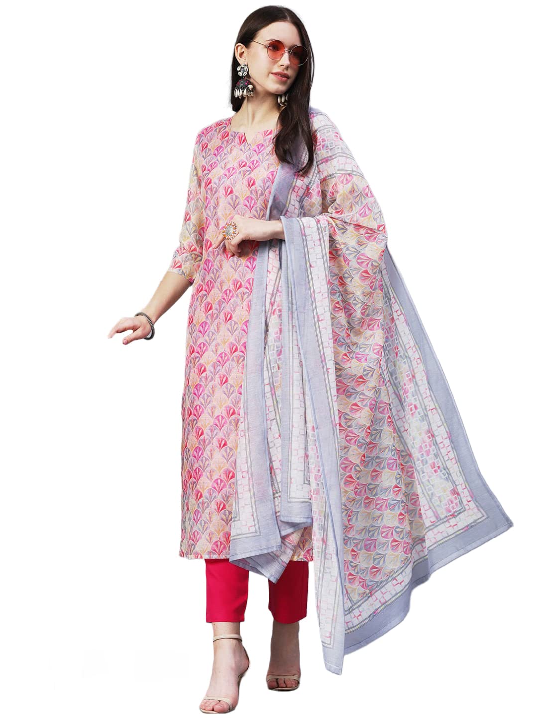 ANNI DESIGNER Ladies Cotton Blend Kurta with Trousers and Dupatta, pink, XXL
