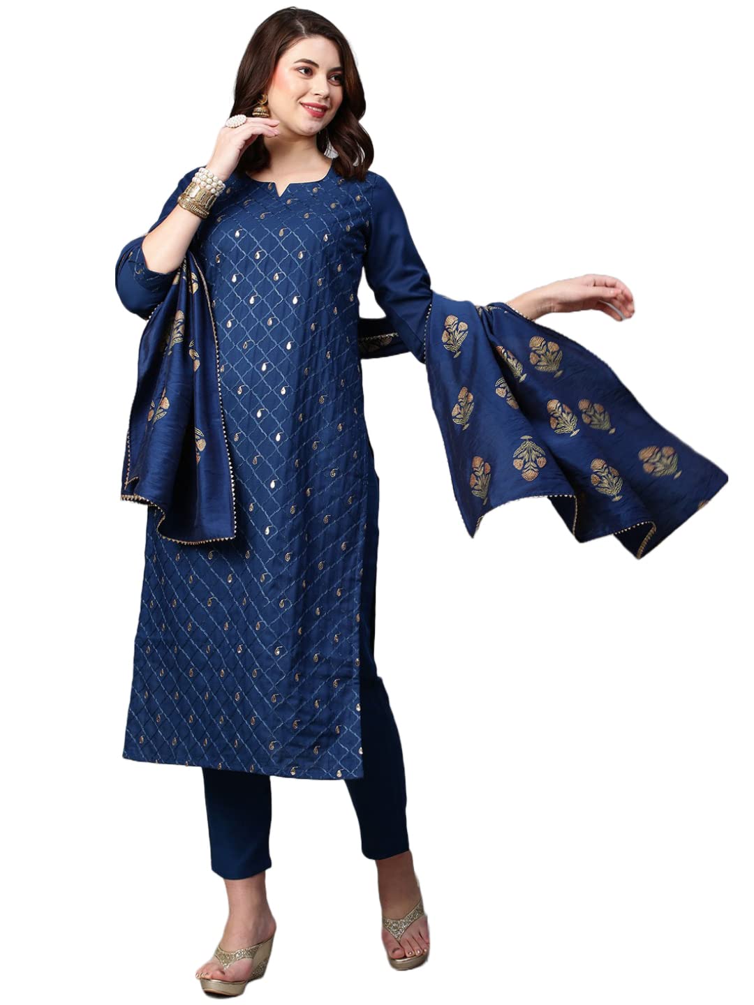 ANNI DESIGNER Womens Cotton Blend Embroidered Straight Kurta with Pant & Dupatta (MYSURU-Dark Blue_M_Dark Blue_Medium)
