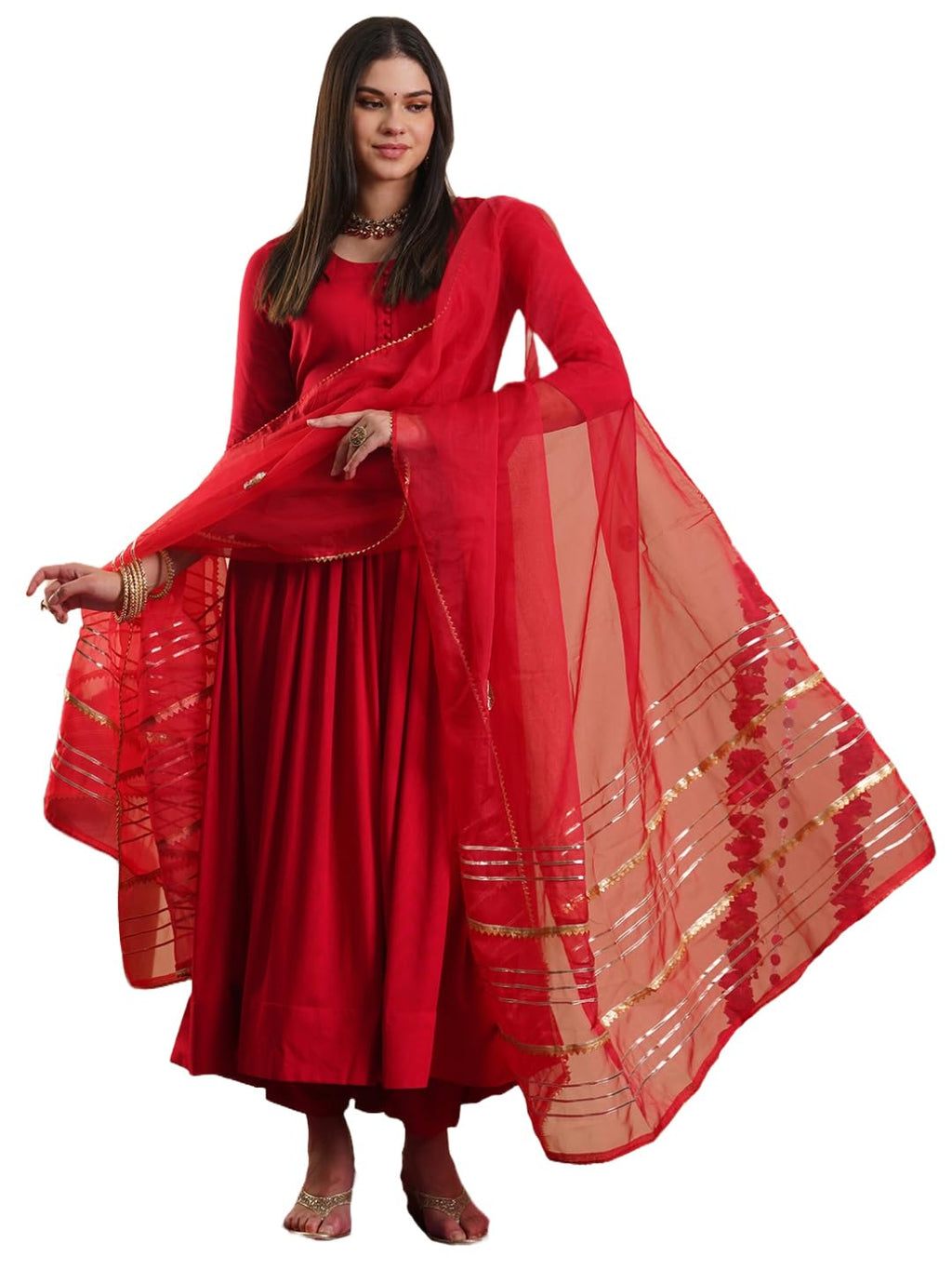 ANNI DESIGNER Womens Rayon Blend Anarkali Solid Kurta with Pant & Dupatta (JAYNTI RED-VKS01_L_Red_Large)