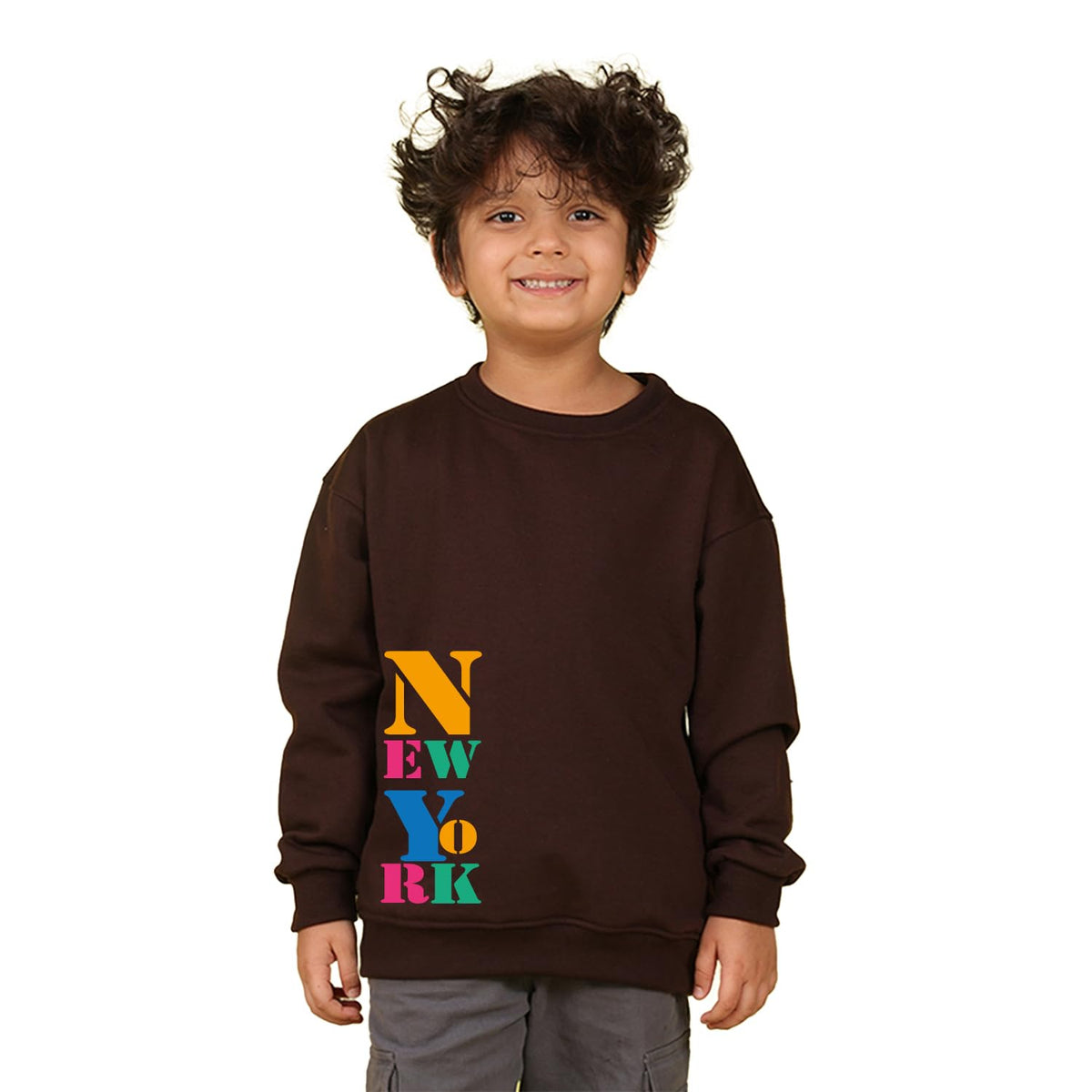 Nusyl Boys Brown New York Text Printed Winter wear Sweatshirt for Boys |Fleece Sweatshirt for Boys |Drop Shoulder Oversized Sw 14-16
