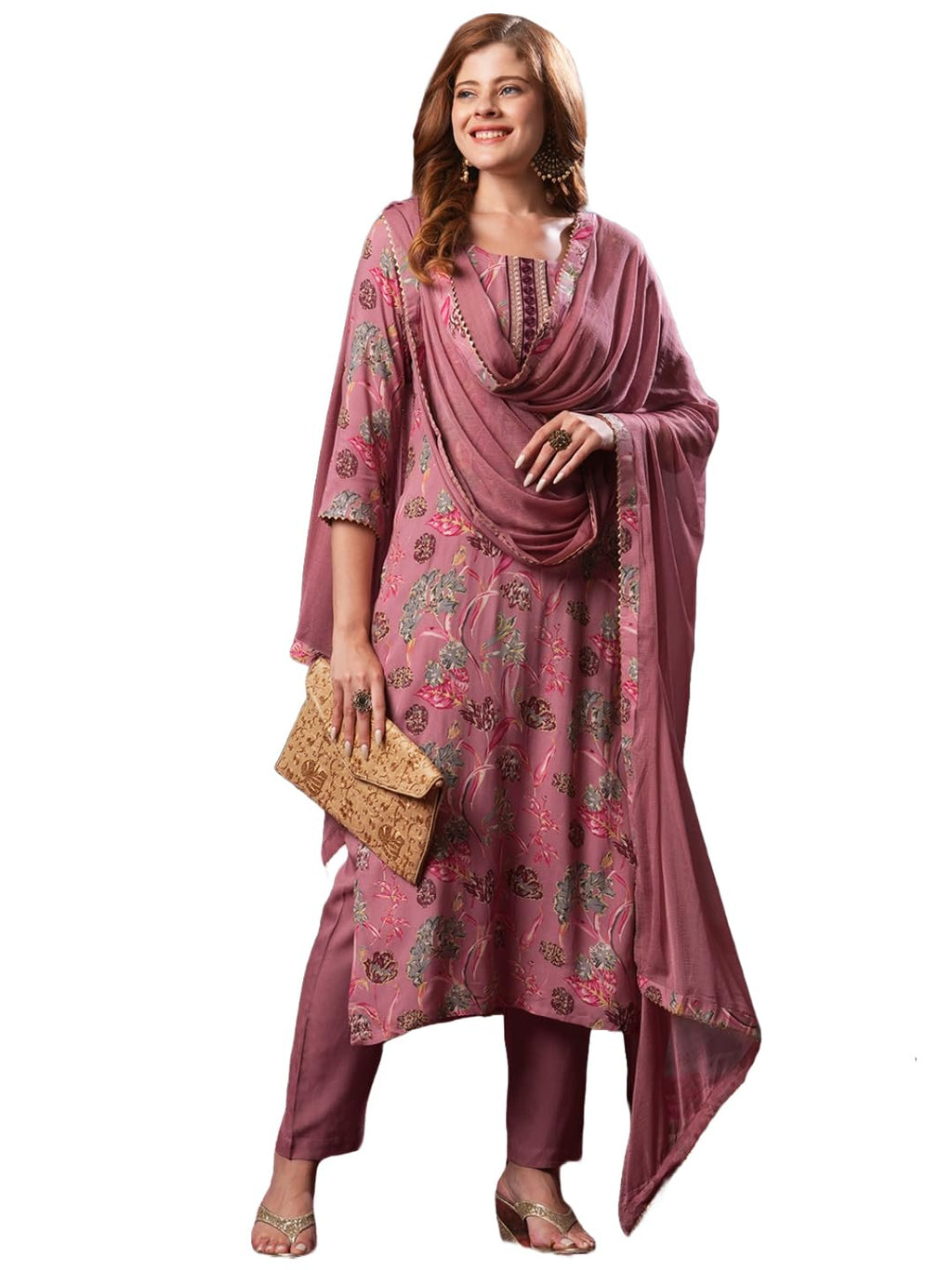 ANNI DESIGNER Womens Rayon Blend Printed Straight Kurta with Pant & Dupatta (VICE Peach-VKS03_S_Peach_Small)