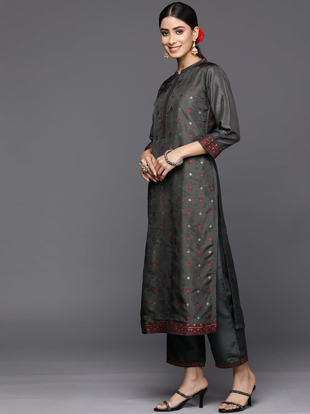Libas Womens Self Design Silk Blend Straight Kurta With Trousers And Dupatta
