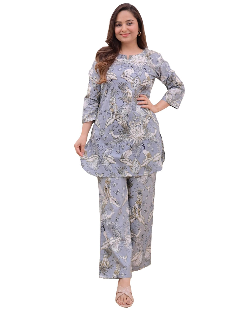 ANNI DESIGNER Womens Cotton Blend Printed Ethnic Co-ord Set (Yojata Grey_S_Grey_Small)