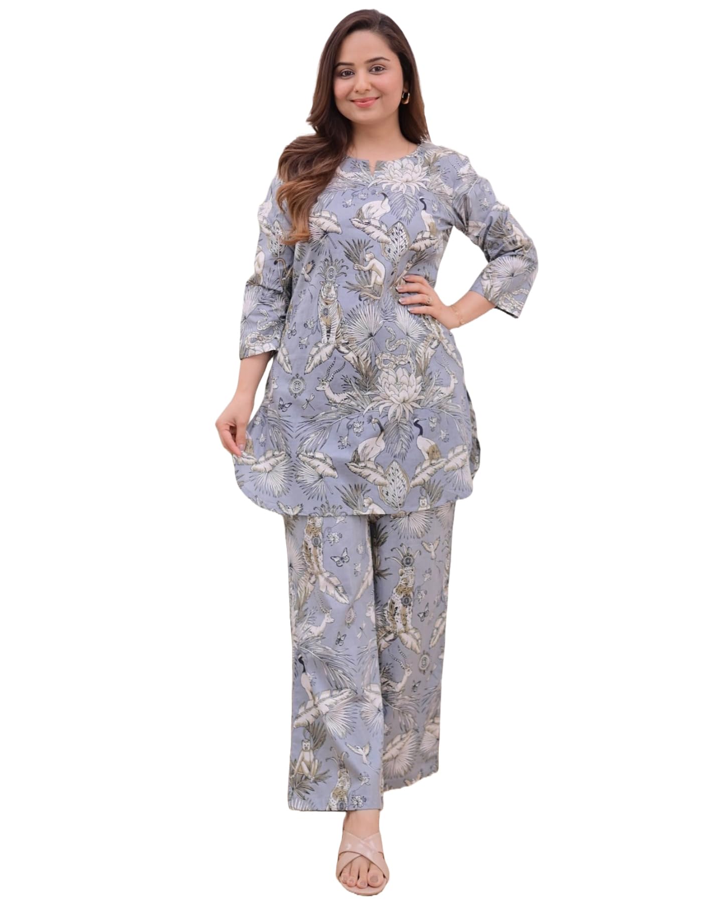 ANNI DESIGNER Womens Cotton Blend Printed Ethnic Co-ord Set (Yojata Grey_S_Grey_Small)