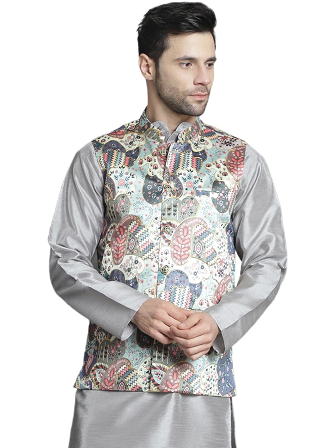 Jompers Mens Printed With Zari Work Nehru Jacket