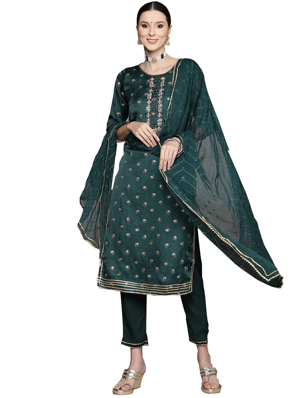 Ishin Women'S Green Yoke Embroidered A-Line Kurta Set With Trouser And Dupatta