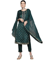 Ishin Women'S Green Yoke Embroidered A-Line Kurta Set With Trouser And Dupatta