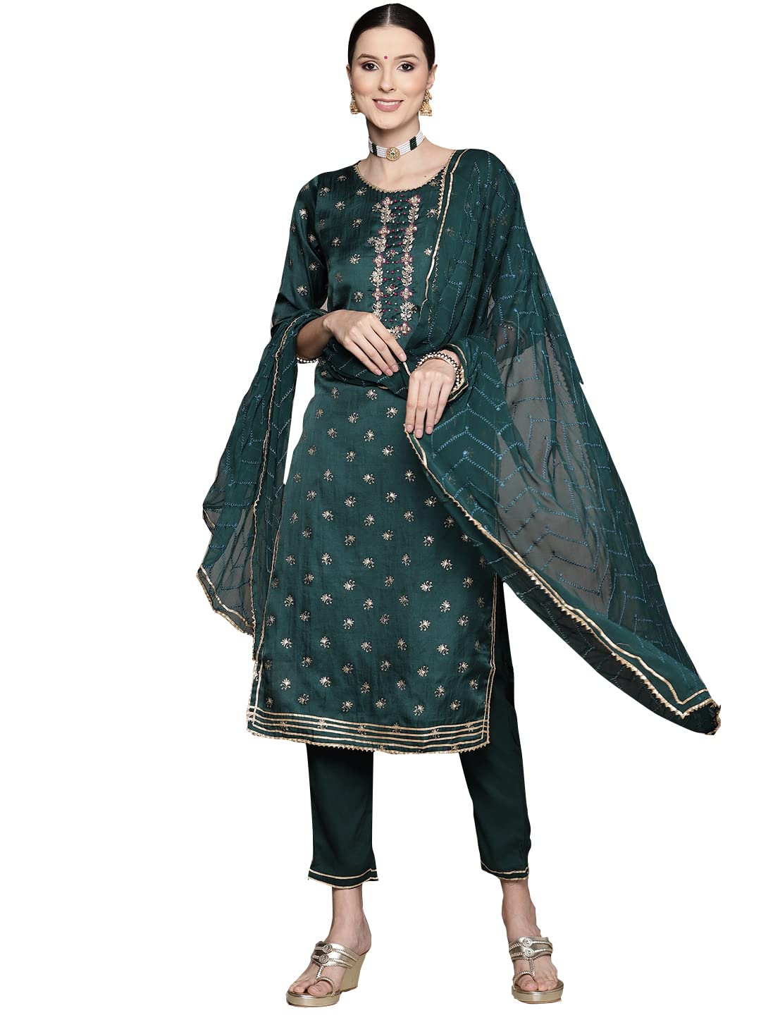 Ishin Women'S Green Yoke Embroidered A-Line Kurta Set With Trouser And Dupatta