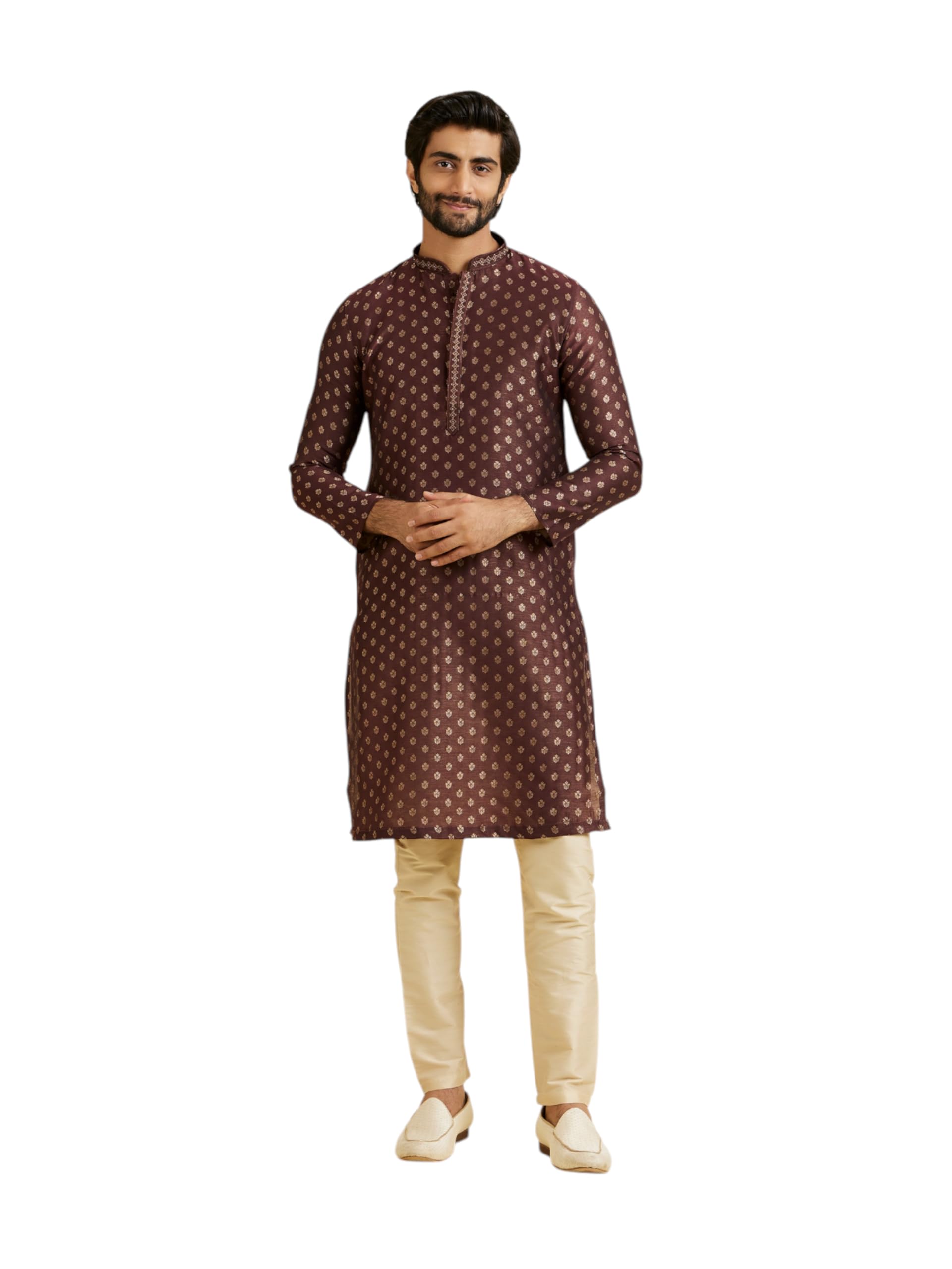 Manyavar Mens Art Silk Textured Kurta Pyjama Set(Brown,XL)