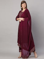 ANNI DESIGNER Womens Cotton Straight Kurta with Pant & Dupatta (KPTD-COT-10132-Wine_S_Wine_Small)