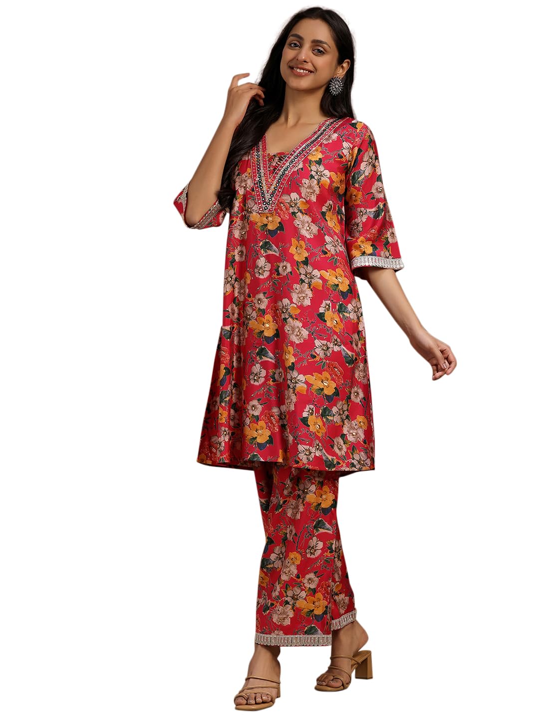 Libas Women Silk Blend Printed Co-Ord Set (35901, Pink, Xs