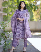 ANNI DESIGNER Womens Cotton Blend Straight Printed Kurta with Pant & Dupatta (Harana Blue_L_Blue_Large)