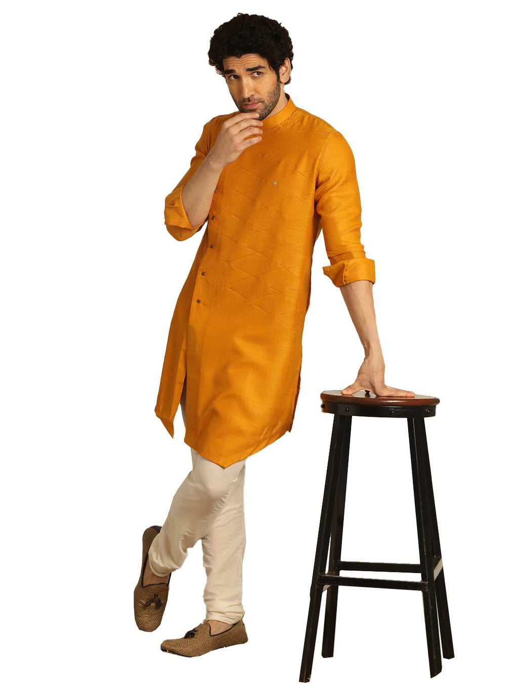 Manyavar Kurta Only, Blended Viscose Full Sleeves Mandarin Collar Self Design Ethnic Wear For Men (Light Orange, Xl)