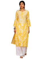 Gosriki Women'S Cotton Blend Chikankari Embroidered Straight Kurta (Zainab Yellow-Nw-Gs_S_Yellow_Small)