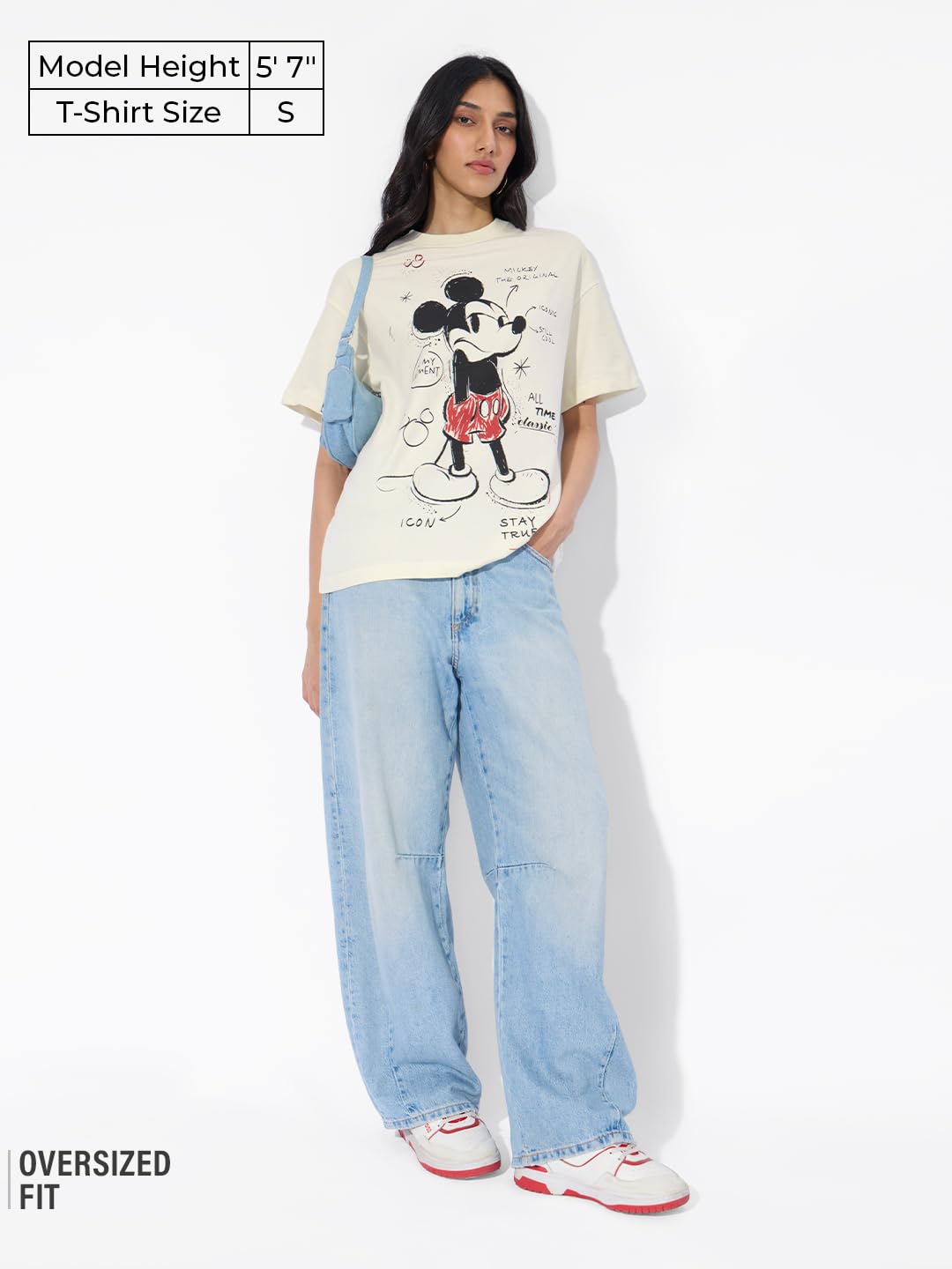 The Souled Store Mickey Mouse: Main Character Women and Girls Short Sleeves Round Neck Off White Graphic Printed Cotton Oversize