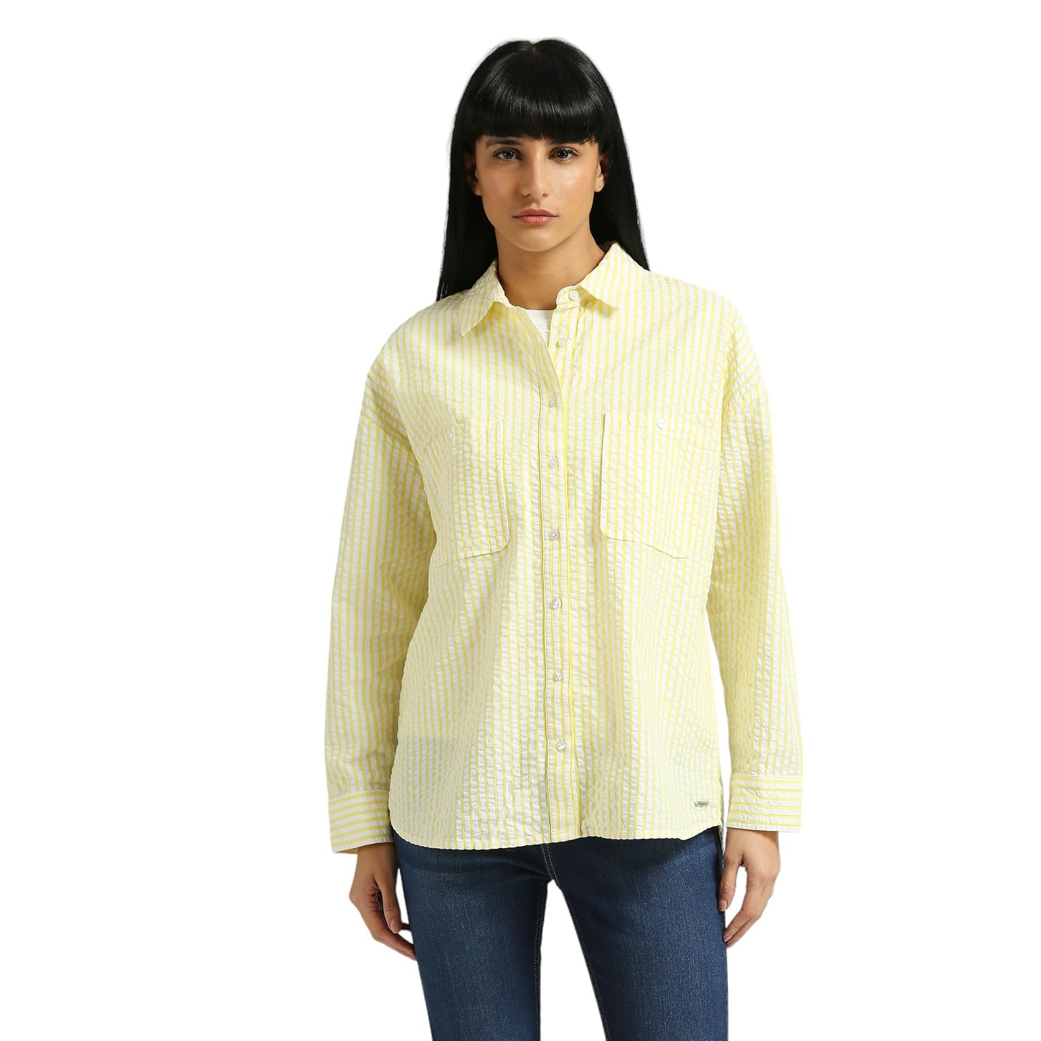 Jazz Seersucker Striped Oversize Shirt With Front Patch Pockets.