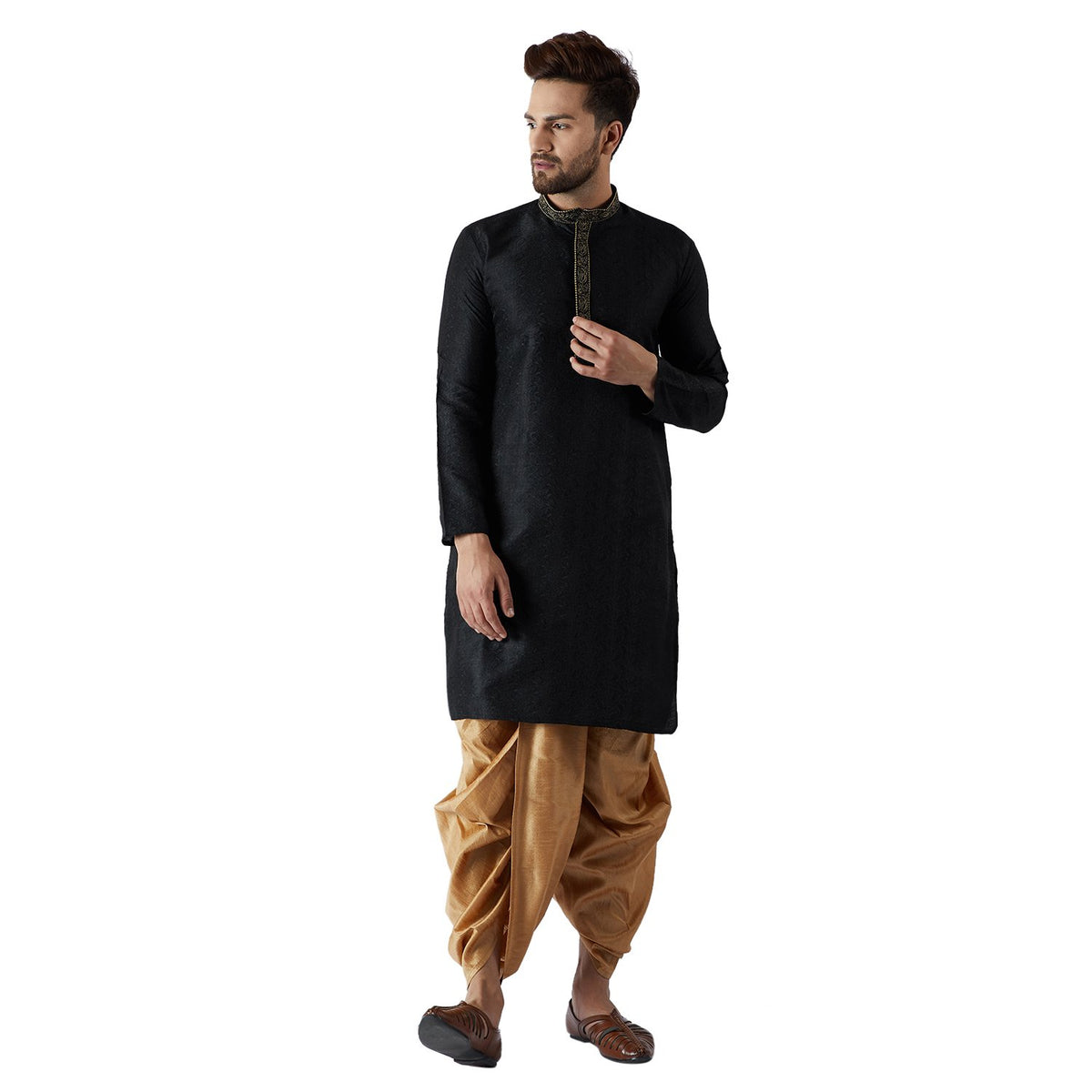 SOJANYA (Since 1958, Mens Black & Gold Silk Blend Kurta & Dhoti Set, Size: M
