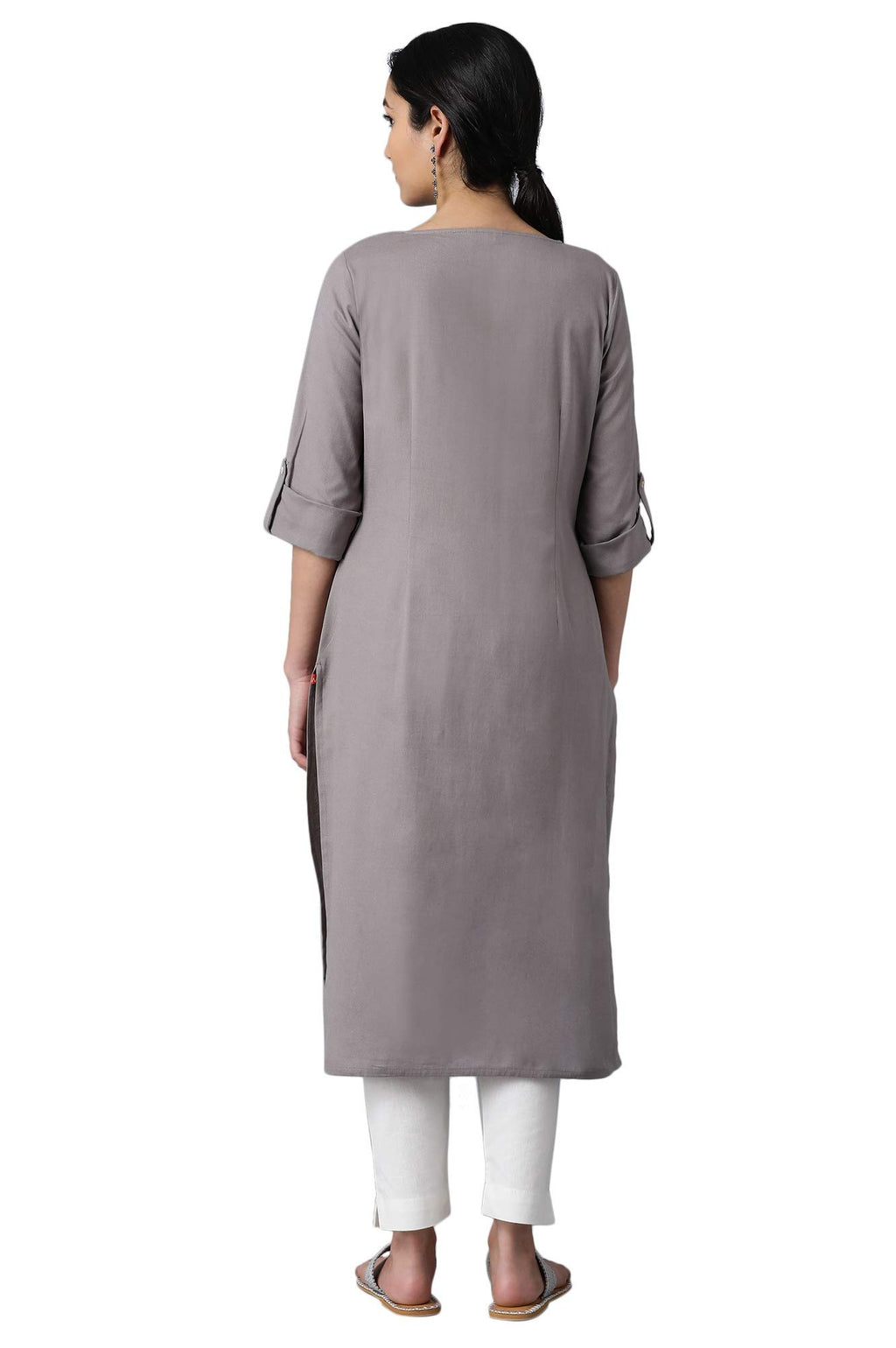W For Woman Grey Round Neck Solid Kurta