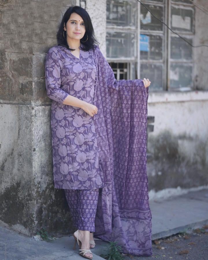 ANNI DESIGNER Womens Cotton Blend Straight Printed Kurta with Pant & Dupatta (Harana Blue_L_Blue_Large)