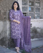 ANNI DESIGNER Womens Cotton Blend Straight Printed Kurta with Pant & Dupatta (Harana Blue_L_Blue_Large)