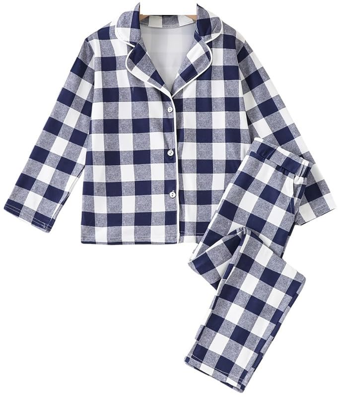 PABROS Girls Cotton Lycra Pajama Set, ButtonDown Long Sleeve Top with Pants, Checkered Pattern, Summer Loungewear Sleepwear Bl 18-24