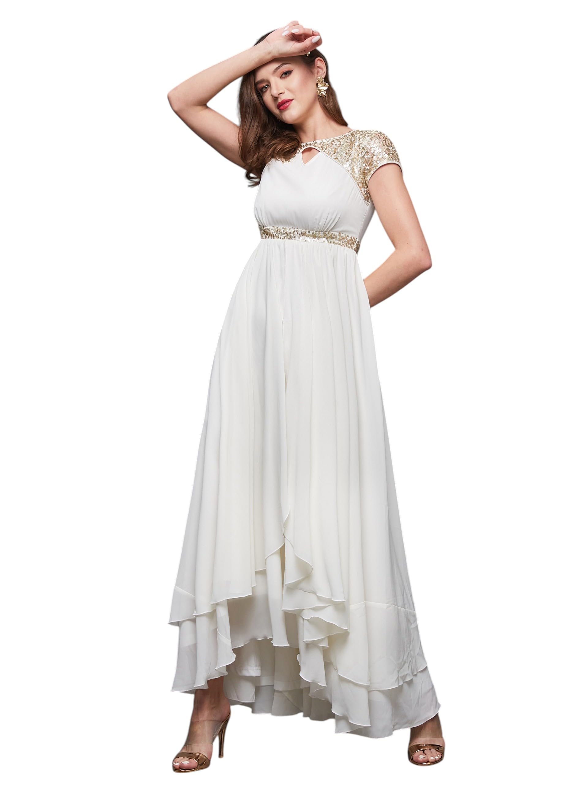 Miss Chase Womens Keyhole Neck Short Sleeve Embellished Layered Maxi Dress (MCSS25D91-88-114-04, Off White, M)