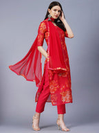 GoSriKi Womens Chanderi Cotton Printed Straight Kurta with Pant & Dupatta
